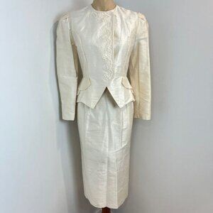 Vintage Wedding Skirt Set Suit Small Off White 2 Piece Jacket Victorian Peplum